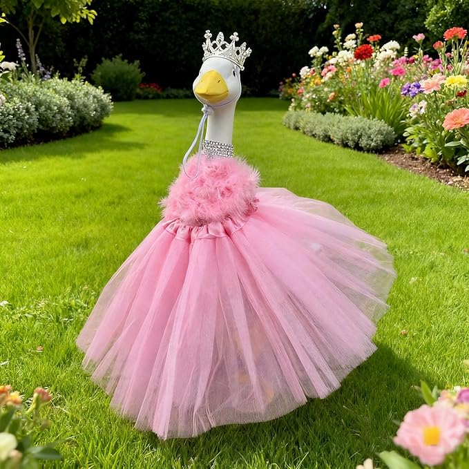 Porch Goose Statue with Princess Outfits Garden Decoration - 20" Large White Lawn Goose Statues Costume Crown Necklace Tutu Skirt Feather Trim for Indoor and Outdoor Garden Lawn Art Decor (Pink)