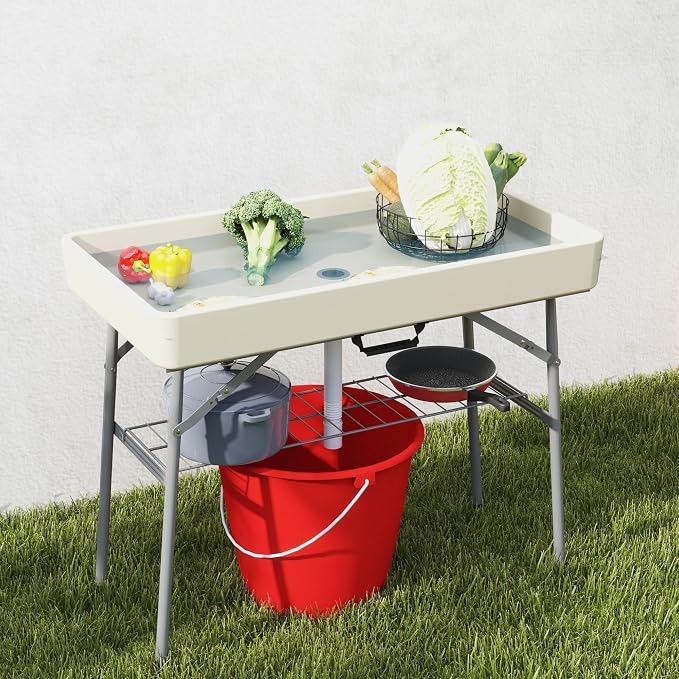 Outsunny Folding Ice Cooler Table with Drain, Fill and Chill, Tan, 40.6"L x 22"W x 32.3"H, Modern Picnic Table