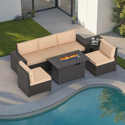 Patio Furniture Set with Fire Pit Table, 7PCS Outdoor Conversation Sets Waterproof Rattan Sectional Sofa with 4” Thickened Cushion Modular Wicker Patio Furniture Set with Glass Top Table (Kahki)