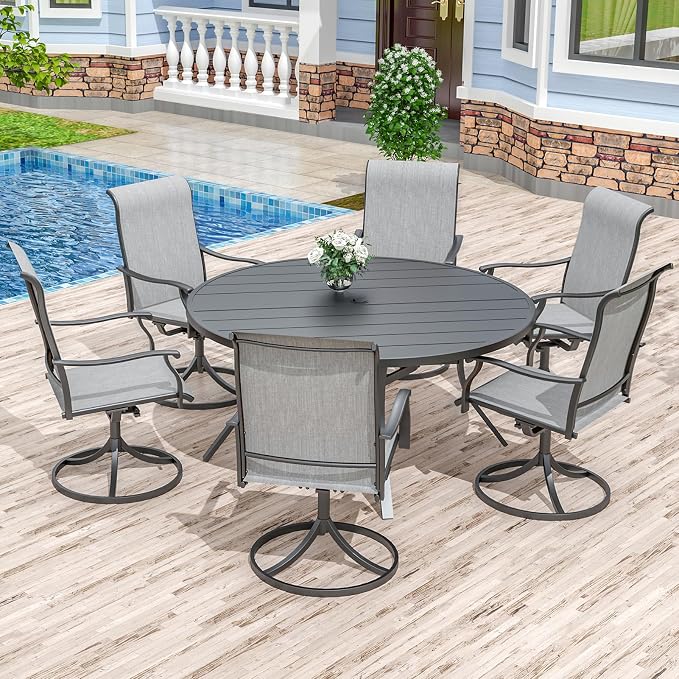 Anmutig 7 Piece Outdoor Patio Dining Set with 6 Swivel Dining Chairs & 54" Round Dining Table, All Weather Dining Furniture Set for Lawn Garden Grey