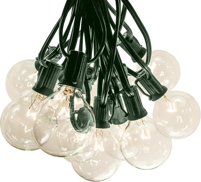 G50 Clear 2 Inch Light Bulbs with C7 Stringer 18 Gauge (Green Wire, 50')