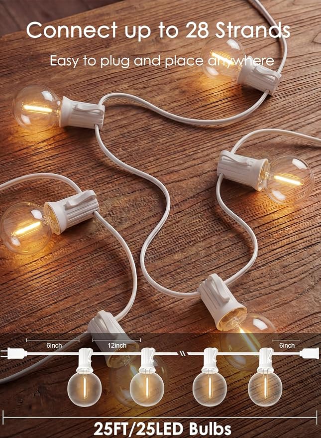 25FT G40 LED White Outdoor String Lights with 25 Plastic Shatterproof Bulbs | 2700K Warm White, IP65 Waterproof Hanging Connectable Globe Lights for Patio Garden Porch Pergola Bistro Decor, White Wire