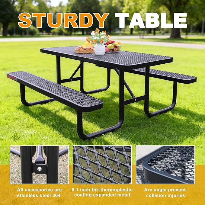 4ft Rectangular Picnic Table – Heavy-Duty Metal Mesh Outdoor Dining Table, Thermoplastic Coated Steel, Outdoor Living, Parks & Schools (Black, 4ft)