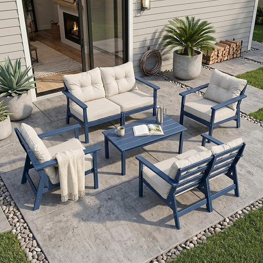 HDPE Patio Conversation Set 6 Seats, Outdoor Furniture Set, Patio Sofa Set | Water-Resistant Thick Cushion, HDPE All Weather, Wood-Grain, No Rot or Rust or Crack, UV Fade Shield, Easy-Clean for Outside