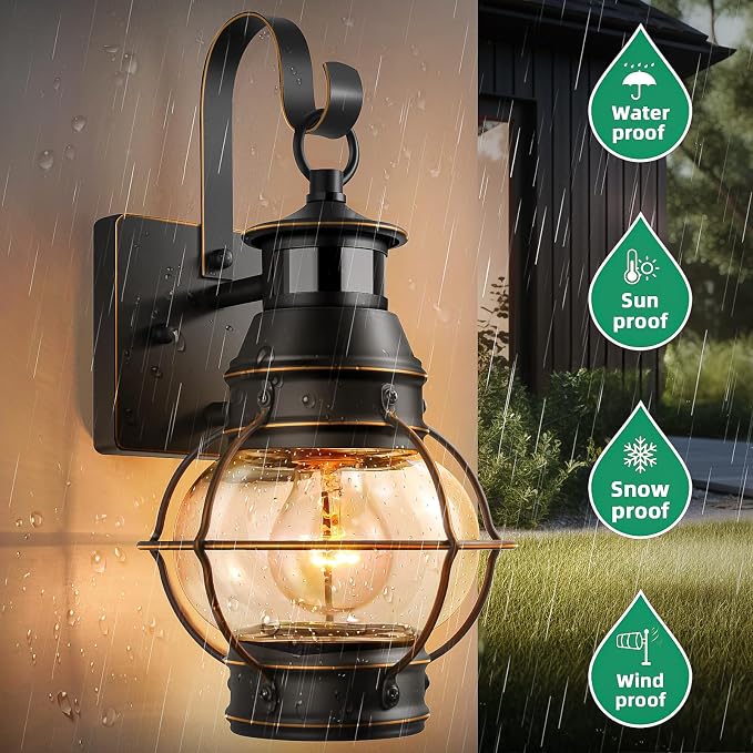 Lamomo Black Outdoor Light,Exterior Front Porch Lights for House,Dusk to Dawn Motion Sensor Lights,Waterproof Anti-Rust Wall Mount Lantern for Outside,Garage(NO Bulb)
