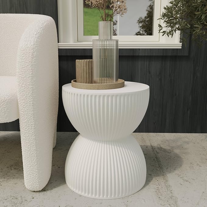 LeisureMod 15" Round Hourglass Fiberstone Side Table, Modern Accent End Table for Indoor Outdoor Use, Durable Small Table for Living Room, Patio, Balcony, or Garden - White
