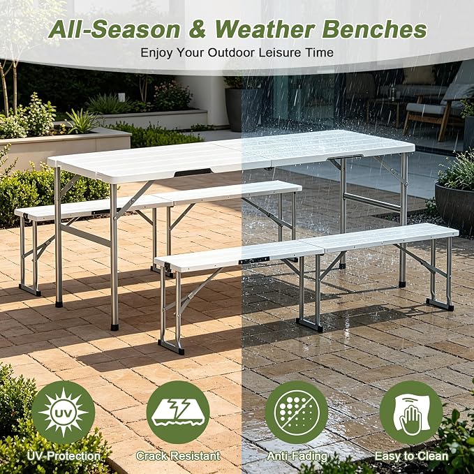 Picnic Table and Chairs Set, 6 Feet Foldable Camping Table with 2 Benches, 3-Piece Portable Folding Furniture with Wood Grain for Patio, Weddings, Party or School Use, White