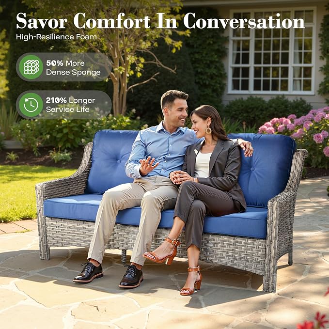 ovios 4 Piece Outdoor Patio Furniture with 3 Seat Sofa,Rattan Wicker Coversation Set with High Back,Sectional Single Sofa with Ottoman for Outside Porch Balcony Backyard Pool, Navy Blue