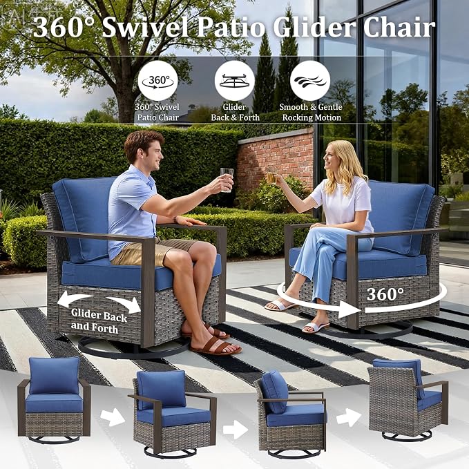 7-Piece Outdoor Patio Furniture Set with 4 Swivel Chairs, All-Weather Wicker Sofa Set for Garden, Yard, Porch and Poolside Seating, Grey/Blue