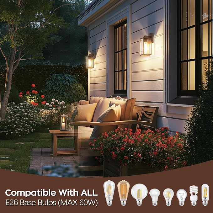 WIHTU Outdoor Front Porch Light Wall Mount, Exterior Lighting Fixtures | 10.65inch, Anti-Rust Metal Frame, Tempered Glass, E26 Base, Waterproof, Easy Install, Wall Sconce for Patio, Garage, Entryway