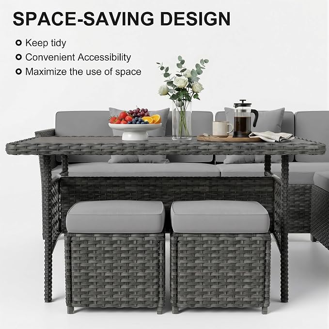 LOUVIXA 7 Pieces Patio Furniture Set, Outdoor Patio Furniture, Wicker Conversation Set with Dining Table, Chairs and Ottoman (Rustic Grey-Light Grey Cushion)