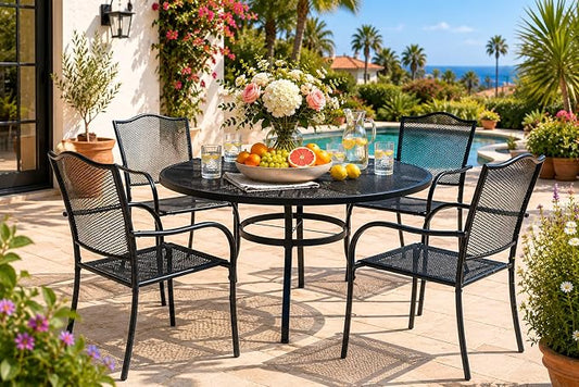 5Piece Outdoor Dining Set, Patio Dining Table Set for 4, 42" Mesh Round Table with 4 Black Metal Mesh Outdoor Dining Chairs with Armrest for Lawn, Garden, or Porch