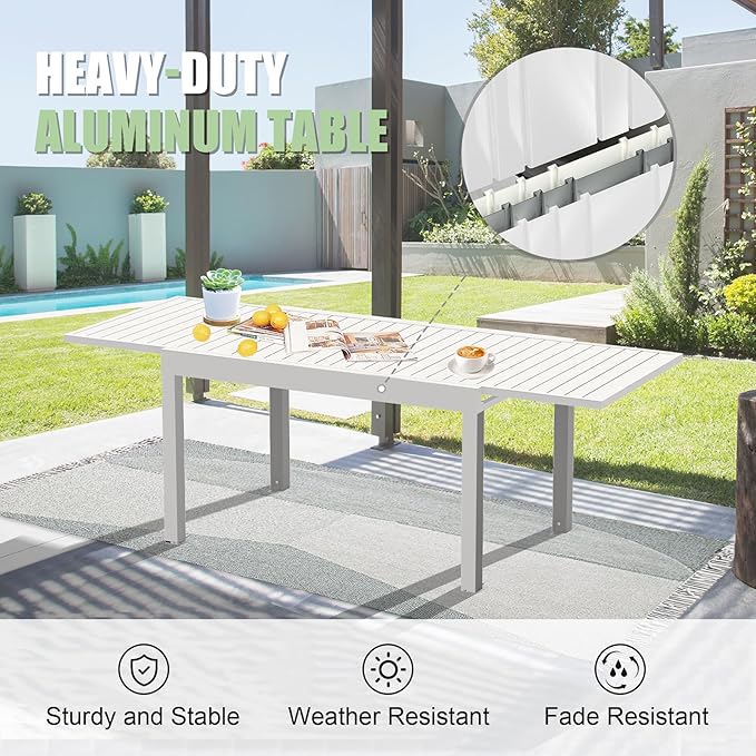 Domi Aluminum Patio Extendable Dining Table 35"- 71", Adjustable Indoor Outdoor Patio Dining Table with E-Coating for 4-6 Person Garden Lawn Porch Bistro Furniture, Elegant Ivory White