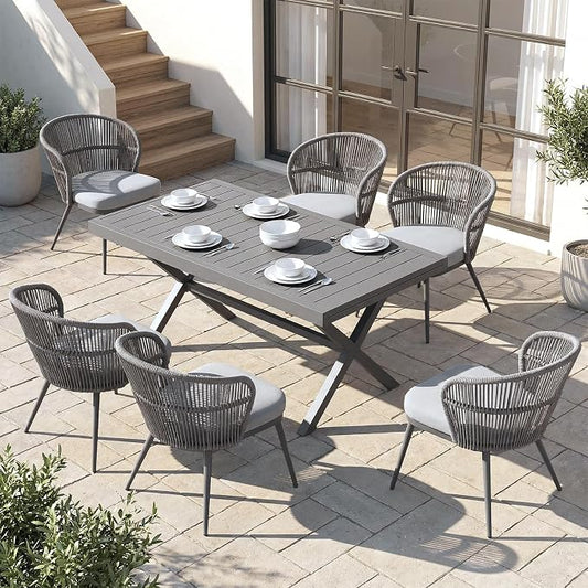 SUNSITT 7 Piece Outdoor Patio Dining Set, 65" - 107" Metal Expandable Outdoor Dining Table with X-Shape Legs, 6 Woven Wicker Outdoor Patio Chairs w/Removable Cushions for Garden, Dark Grey