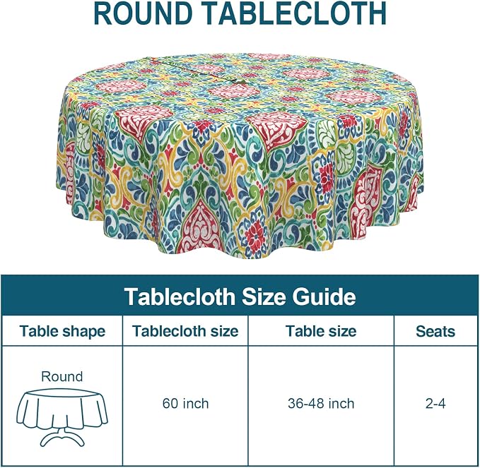 DYTXIII Outdoor Round Tablecloth with Umbrella Hole 60 Inch, Water Repellent & Fade Resistant Table Cover, All Weather Outdoor Tablecloth for Garden & Party Table, Damask Red