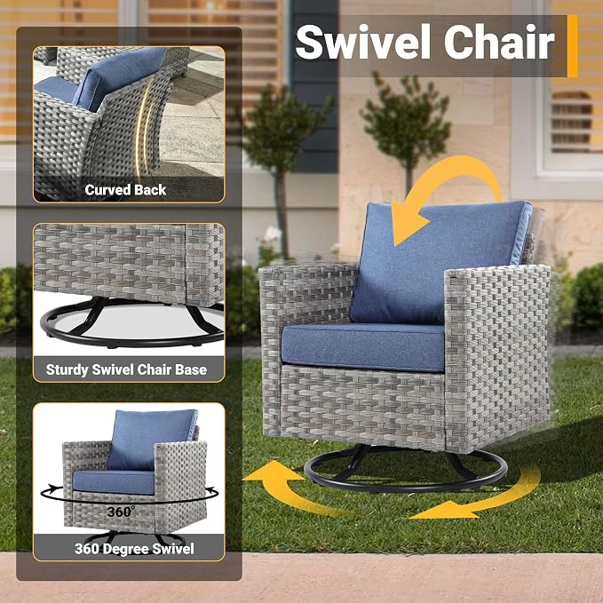 CAODOC 16 Pieces Patio Furniture Conversation Set with 42" Fire Pit Table Rocking Chair Outdoor Sectional Gray Wicker Sofa Set