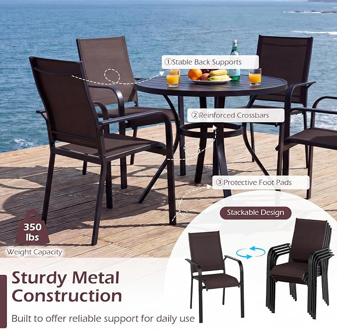 Tangkula 7 Pieces Patio Dining Set for 6, 63” x 33” Outdoor Rectangle Metal Table with Umbrella Hole & 6 Stackable Breathable Mesh Armchairs, Outside Furniture Set for Backyard, Garden & Porch (Brown)