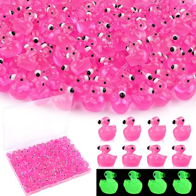 TINKRSTUFF 200PCS Mini Resin Animals Cute Rose Pink Tiny Flamingo Ducks Glow in Dark, Miniature Figures to Hide, Small Animal Accessories Bulk for Topper Garden Dollhouse Ornaments DIY Crafts & Decor