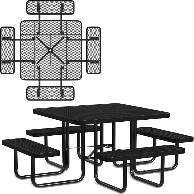 Leisure Craft Metal Picnic Table with Bench - 46" Square Outdoor Dining Table for 8 with Umbrella Hole, Weatherproof Heavy Duty Thermoplastic Coating, Commercial Grade Furniture Made in USA - Black