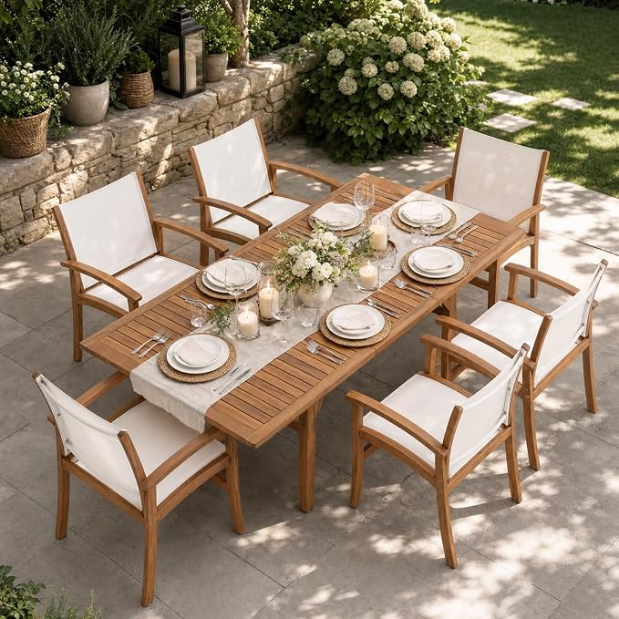 SUNSITT 7-Piece Outdoor Patio Dining Set, 55" - 71" Acacia Wood Expandable Table & 6 Breathable Textilene Mesh Chairs, All-Weather Patio Furniture w/Umbrella Hole for Backyard, Deck, Garden, White