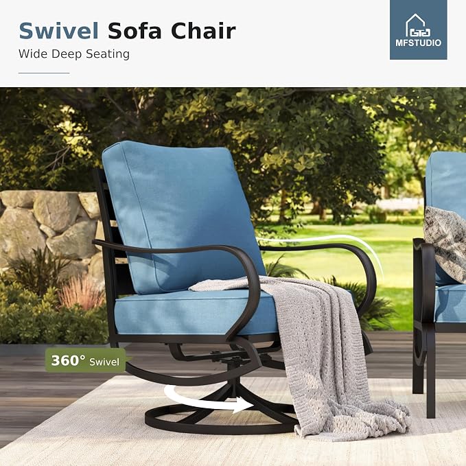 MFSTUDIO 6 Pieces Metal Patio Furniture Sets, 2 Swivel Chair, 1 Deep Seating 3-Seat Sofa, 2 Ottoman & 1 Marbling Coffee Table, All Weather 7 Seats Outdoor Conversation Set for Garden Backyard, Navy