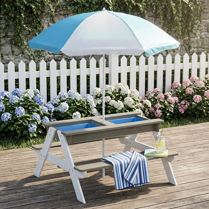 3-in-1 Kids Picnic Table with Umbrella, Convertible Sand and Water Table Outdoor Picnic Table for Outdoor Backyard Patio Play