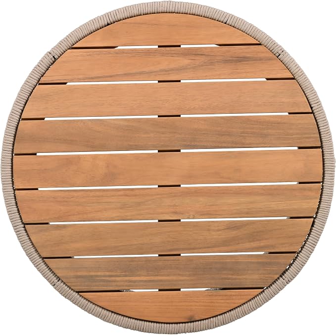 Christopher Knight Home Aueket Rustic Acacia Wood Coffee Table, 26" Round Farmhouse Outdoor Patio Center Table, Boho Home Decor, Iron Frame Rope Design, 220lbs Capacity, Easy Assembly, Teak+ Beige