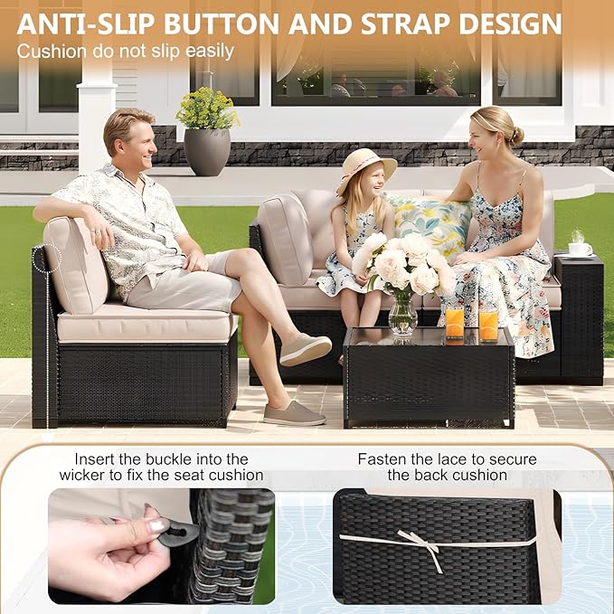 JOYURE 5 Pieces Patio Furniture Set, Outdoor Sofa with Waterproof Cushions&Ottoman, Rattan L Shaped Patio Couch & Coffee Table, Modern Outdoor Furniture for Backyard, Deck, Balcony – Beige