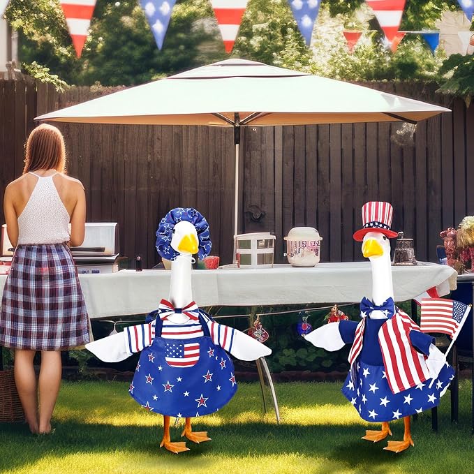 Abbylike 2 Set American 4th of July Porch Goose Outfits 250th Anniversary Goose Costume Clothes Fits Large 23'' Statues Cement for Independence Memorial Day Patriotic Lawn Yard Garden Decor
