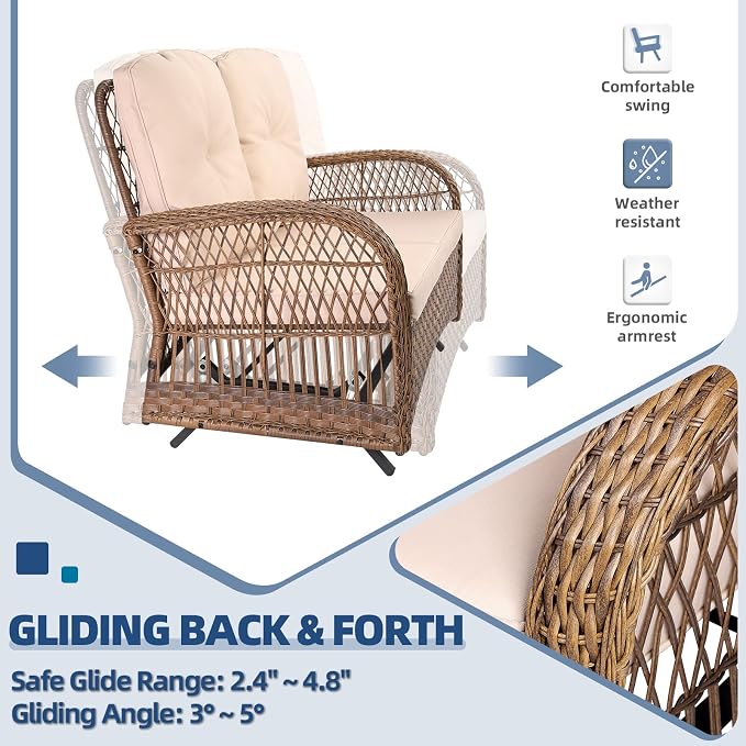 5-Piece Wicker Patio Furniture Sets Outdoor All-Weather Rattan Conversation Set Includes Glider Loveseat, 2 Glass-Top Coffee Tables, 2 Swivel Rocking Chairs with Thickened Cushions