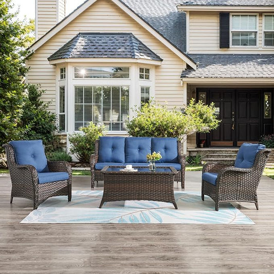 Belord Patio Wicker Furniture 4 Pieces Outdoor Furniture Set Patio Sofa Set with Wicker Chairs and Coffee Table, Paito Conversation Set for Porch Garden Deck Balcony Poolside
