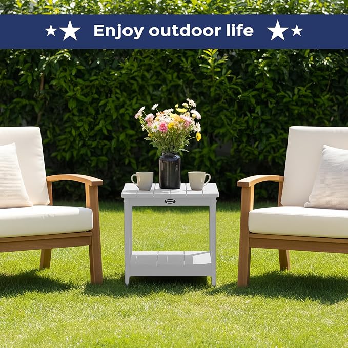 Adirondack Square Outdoor Side Table, 2-Tier Small Patio Side Table, HDPS End Tables for Porch, Deck, Backyard, Garden, Poolside, Beach, Easy Assembly, White