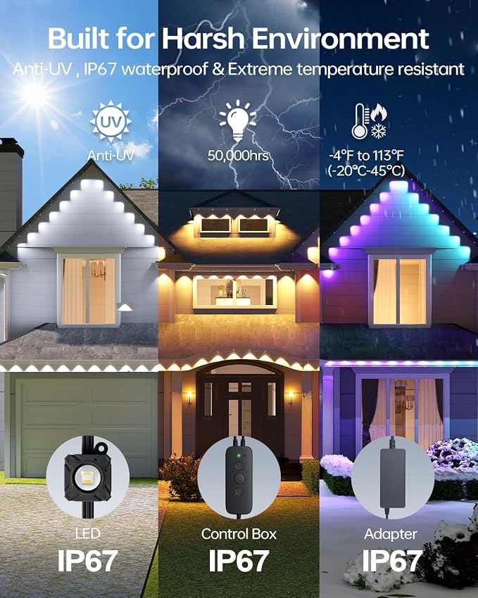 ASAHOM Permanent Outdoor Lights Pro, 72 RGBCW LEDs, WLED Integrated, AI | Up to 70lm, 30,000 Effects, Dual Output, Extend to 800FT, Cuttable, for Outdoor Decor and Daily Lighting, 100FT, Black, S108B