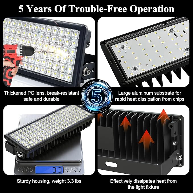 Kekeou 200W LED Stadium Light, 100W 2-Pack 28000LM 5000K LED Flood Light | IP67 Waterproof, AC 85-305V, 10KV surge. with 2-Way Junction Box, 180° adjustable bracket for Warehouse, Generator Compatible