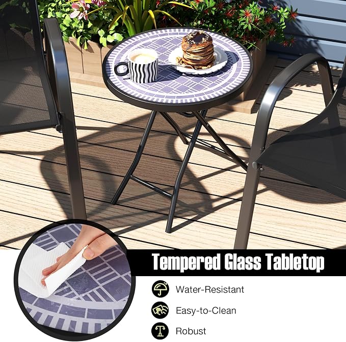Tangkula Round Folding Side Table, 18 Inch Patio Coffee Table with Tempered Glass Tabletop and Metal Frame, Indoor Outdoor Small Side Table for Yard, Balcony, Porch, Poolside (Grey,1)