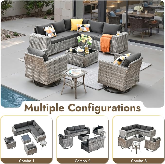 9 Pieces Patio Furniture Set, Wicker Outdoor Sectional Sofa with Swivel Chair Comfy Cushions, Modern Modular Deep Seat Rattan Couch Conversation Set for Backyard Porch Yard,Black