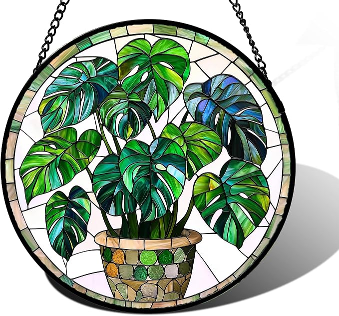DASTOLL Stained Glass Window Hanging, Green Plant Monstera t Suncatcher Diamond Colorful Glass Panel Sun Catchers Decor for Birthday for Women, Men, Wife, Aunt, and Mom 7.8 in