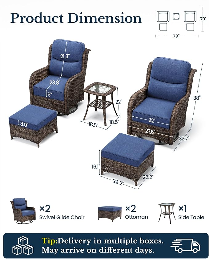 HILLGA Luxury Outdoor Patio Furniture Set with 6-Inch Thick Cushions, High Back Wicker Swivel Rocker Chairs, 5 Pcs All Weather Chairs Set for Small Porch, Deck and Sunroom, Blue (V3)