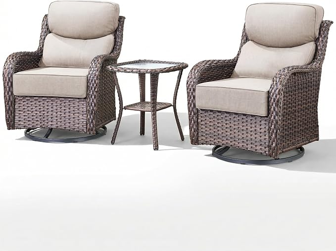 Luxury Outdoor Swivel Rocker Patio Chairs-3 Piece Wicker Patio Rocking Chairs Set of 2 with Glass Side Table 6" Thick Cushions High Back Outdoor Furniture Sets for Deck Porch Balcony(Brown/Beige)