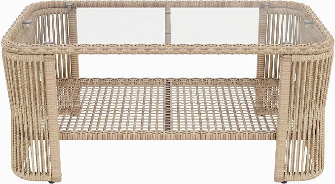 Merax 4-Piece Patio Furniture Set, L-Shaped Outdoor Wicker Modular Sectional Sofa with Thick Cushions and Glass Top Coffee Table, Rattan Patio Conversation Set for Backyard, Garden and Poolside, Beige
