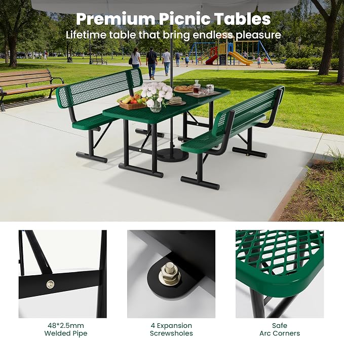 6FT Metal Picnic Tables for Outdoors, Commercial Rectangular Picnic Table for Outside, Park, Campfield, Patio, Garden, Yard, Thermoplastic Coating, Surface Mounted, Green