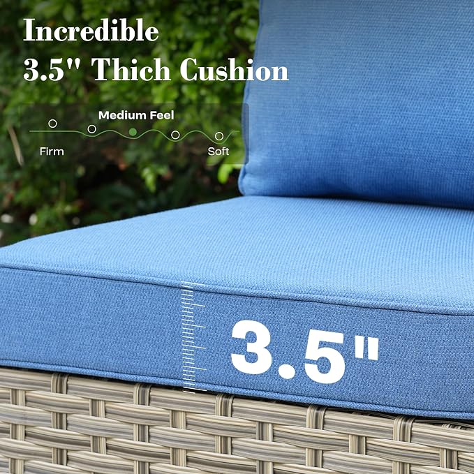 6 Pcs Patio Furniture with Fire Pit Table, Outdoor Rattan Wicker Conversation Set with Glowing Coffee Table, Comfy Sectional Sofa for Porch Balcony Backyard Pool, Light Blue