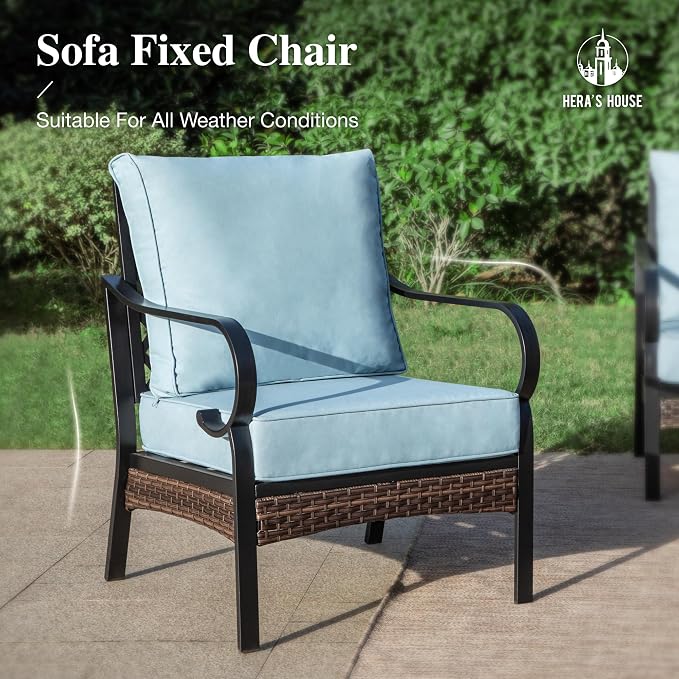 HERA'S HOUSE 4 Piece Metal Patio Furniture Set, All Weather Outdoor Conversation Set with 3 Seat Sofa, 2 x Cushioned Fixed Chair & Coffee Table, Seats 5 for Backyard, Garden, Deck, Blue
