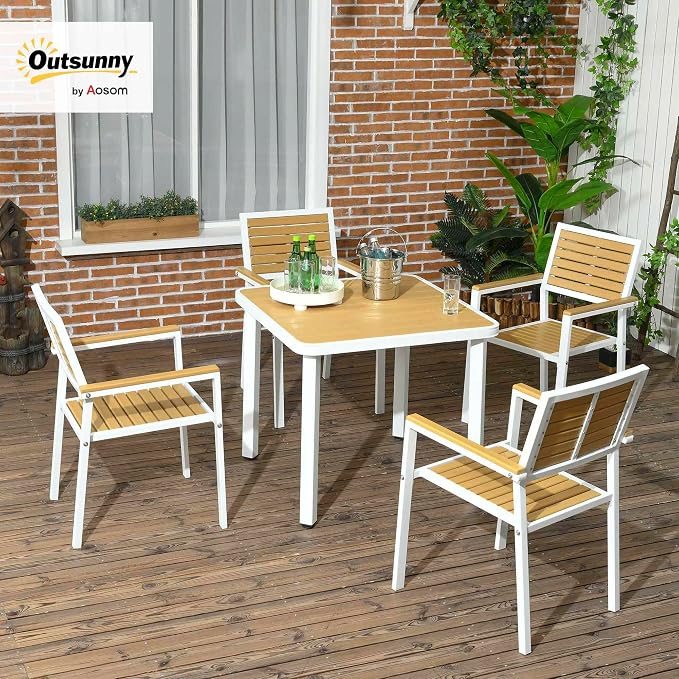 Outsunny 5 Piece Outdoor Dining Set for 4, Waterproof HDPE Patio Table and Chairs with Umbrella Hole, Aluminum Frame Outdoor Patio Dining Furniture Set for Backyard, Garden, Yellow