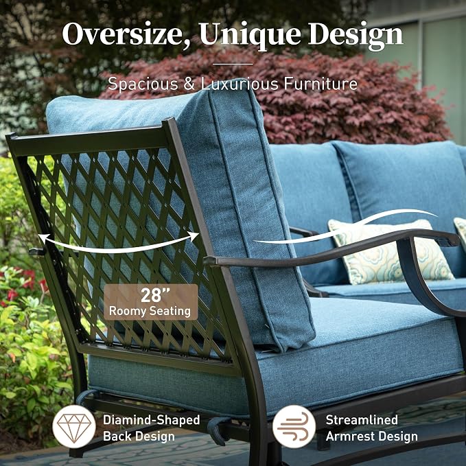 SUNSHINE VALLEY 7 Piece Metal Outdoor Patio Furniture Set, Patio Conversation Sets 1 3-seater Sofa, 4 Fixed Chair, 2 Ottomans with 5.75" Thick Cushion, Black All-weather Frame Backyard Furniture, Navy