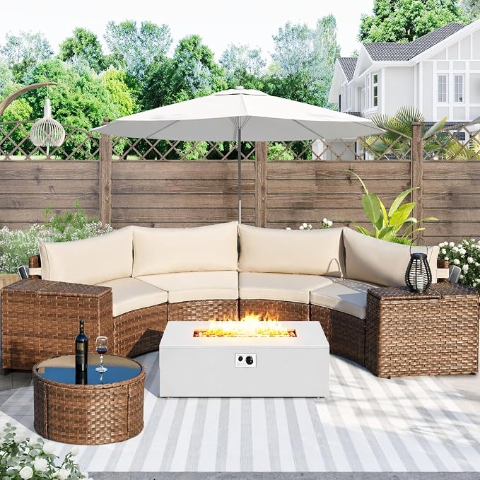 ECOTOUGE 8-Piece Half-Moon Curved Patio Furniture Set with Fire Pit Table, Wicker Rattan Sectional Sofa with Thick Cushions, Outdoor Conversation Set for Backyard Garden No Tank Cover(Beige, White)