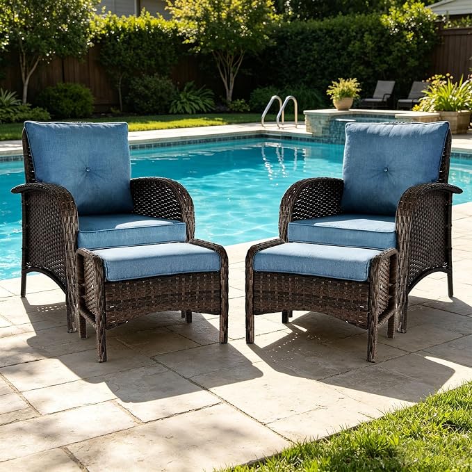 SHGJ&SOFT All Weather Patio Furniture Set, High Back Swivel Rocker Glider Chairs，Ottomans & Glass Tables, Outdoor Conversation Set for Deck Porch Yard Poolside (Blue, 4PCS-Chairs&Ottomans)