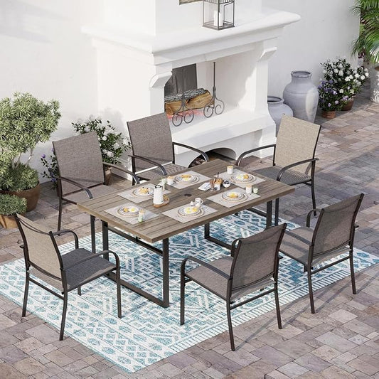 SUNSHINE VALLEY 7 Piece Patio Dining Set for 6, 64” Rectangular Wood-Like Metal Table with Umbrella Hole and 6 Chairs, Outdoor Table and Chairs Set for Lawn Backyard and Deck, Brown