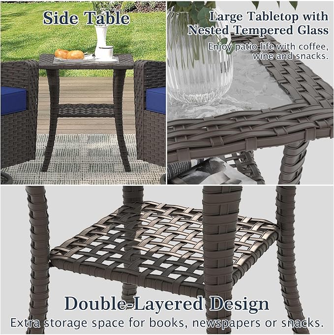 3 Pieces Patio Rocking Chairs, 2 High Back PE Rattan Furniture Set and Side Table, Outdoor Wicker Furniture Set, All Weather Patio Set with Waterproof Cushion for Porch and Deck