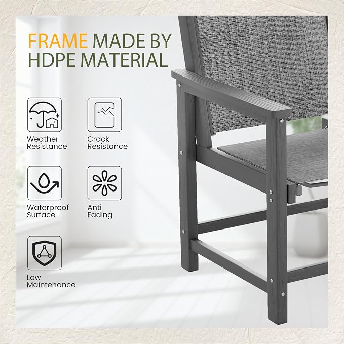 UDPATIO HDPE Dining Chair Set of 2, Heavy Duty Extra-Wide Outdoor Chairs with 360 lb Load Capacity, Easy to Assembly, All-Weather Seating for Patio, Pool, Garden, Backyard,Light-Grey